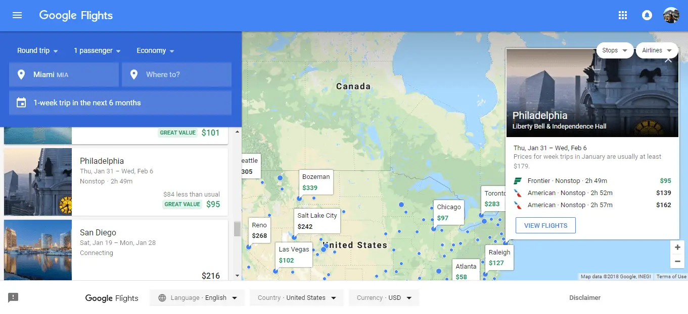 Google Flights Explore Destinations from Miami