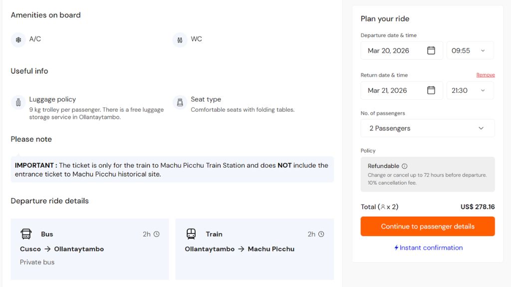 Cusco - Machu Picchu Train Amenities Bookaway